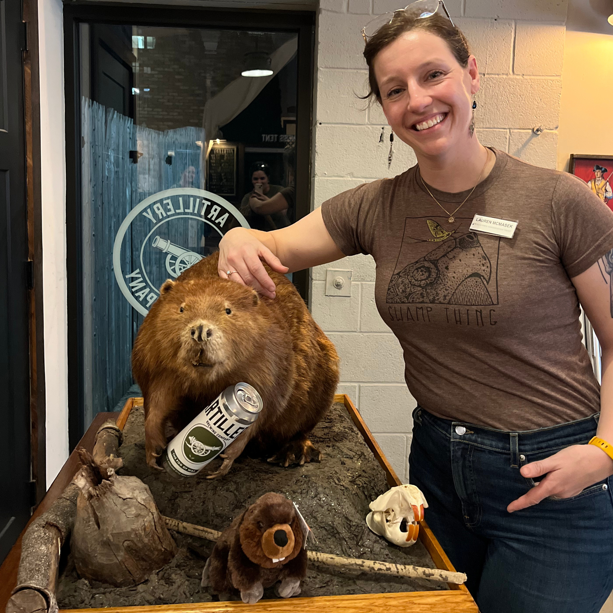 Speaker Lauren McGrath with chompy (taxidermy beaver).